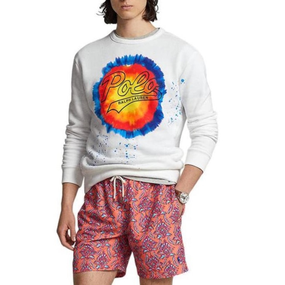 Polo Ralph Lauren Logo Tie-Dye Print Fleece Sweatshirt, White Size XL New w/Tag
